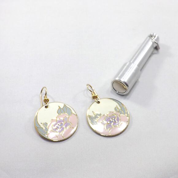 Laurel Burch "Garden Rose" Earrings, Cloisonné Gold Plated, 1980s - Picture 5 of 10